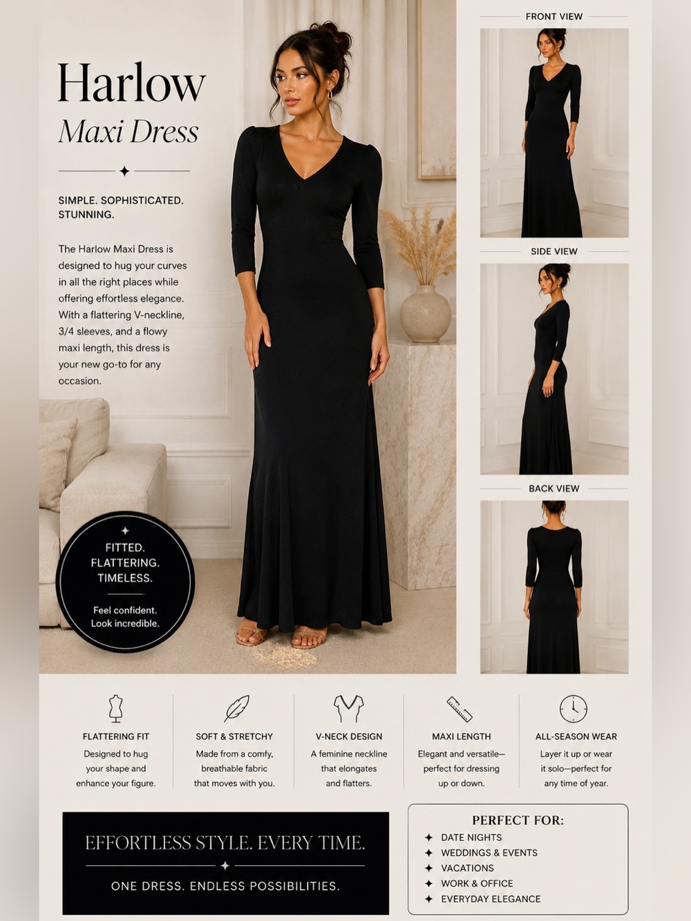 Harlow Black Maxi Dress Size 6 Elegant V-Neck 3/4 Sleeve Dress